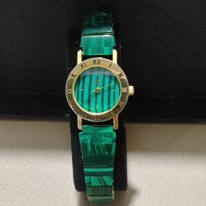 Michelle Louise Wristwatch Malachite Vintage Style Roman Numeral Gold Tone Bezel